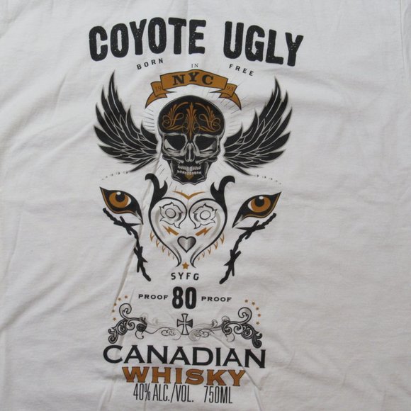 Coyote Ugly Canadian Whisky T-Shirt NYC White Skull Eyes Born Free Sz. Large - Picture 3 of 8
